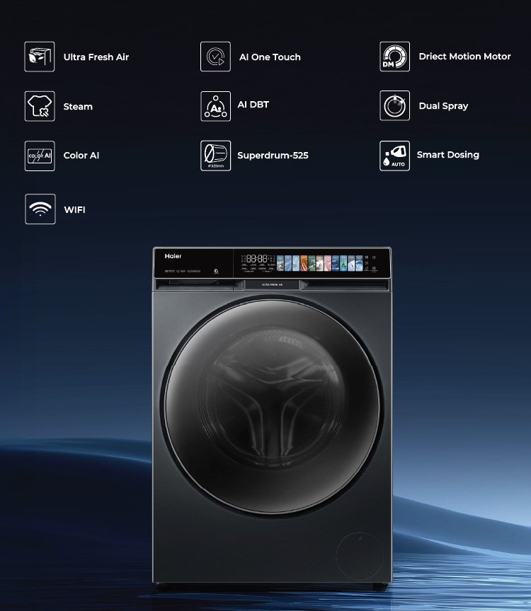Haier 12 kg / 8 kg 1400 RPM Front Load Washer Dryer – HWD120-DM14F17BKU1, Black - Image 6