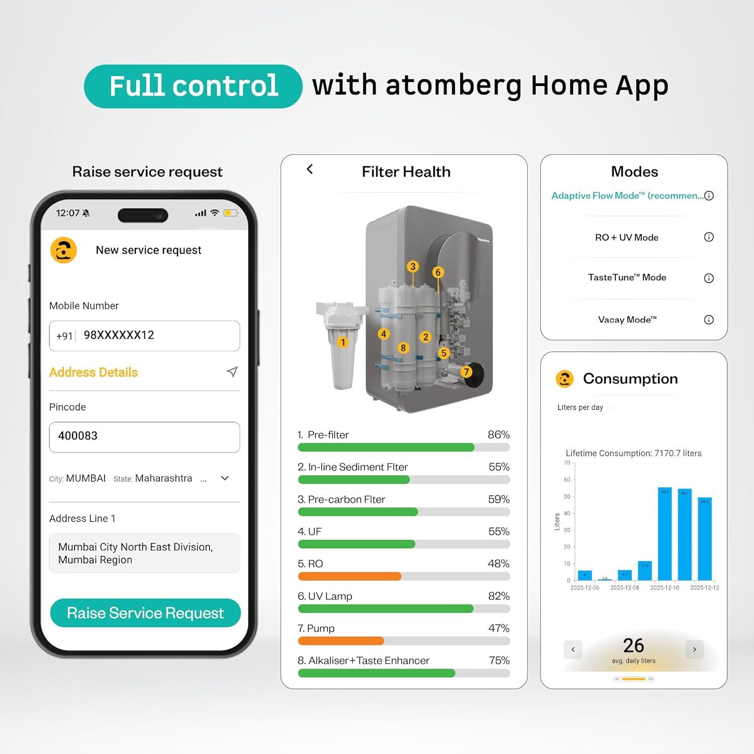 Atomberg Home app filter health, usage and service controls