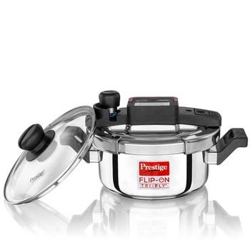 PRESTIGE FLIP-ON TRI-PLY STAINLESS STEEL PRESSURE COOKER; representative product photograph