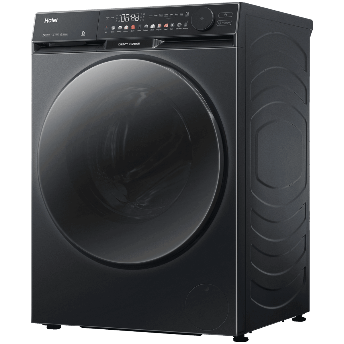 Dark Haier front load washing machine, angled view showing the right side panel and programme dial.