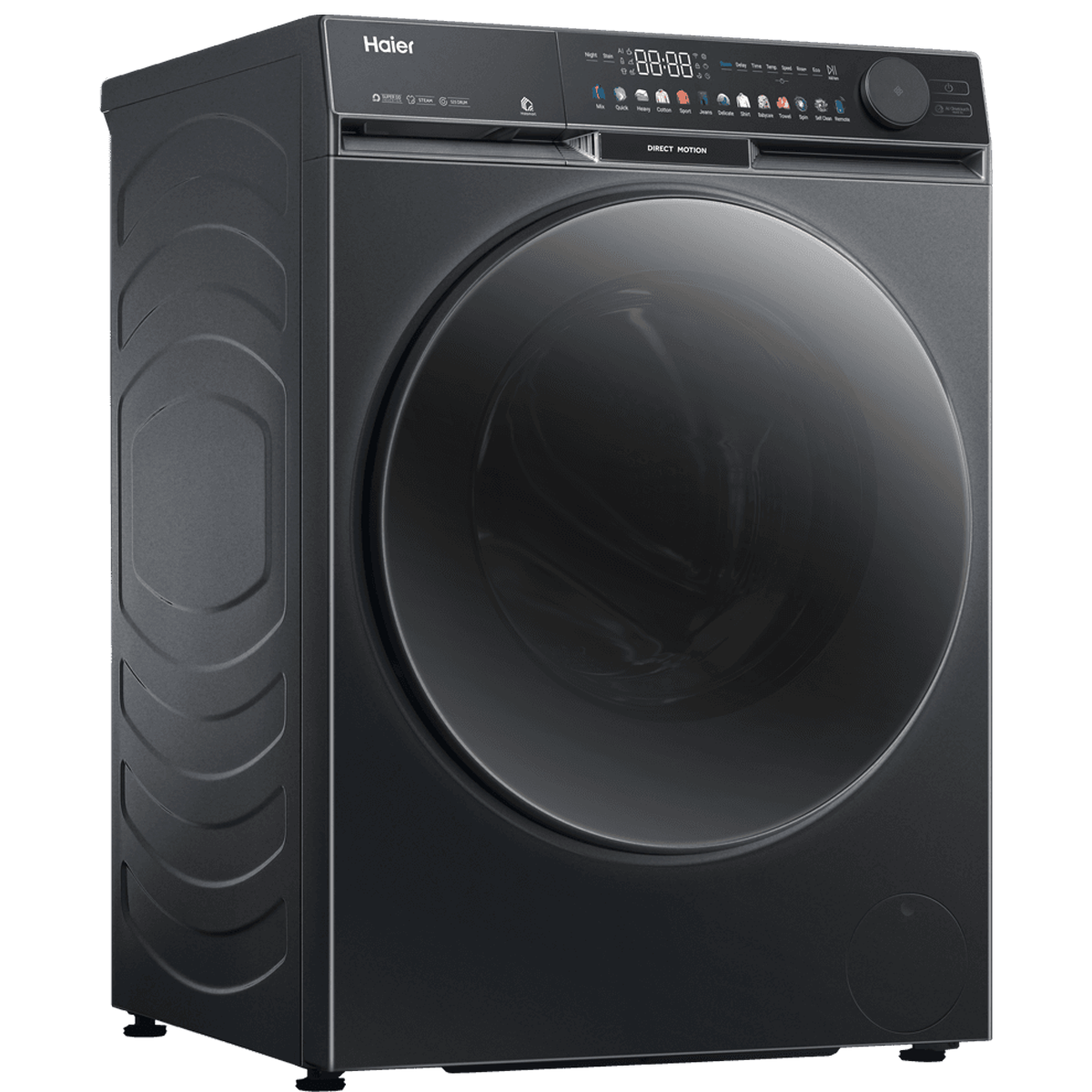 Dark Haier front load washing machine, angled view showing the left side panel and programme dial.