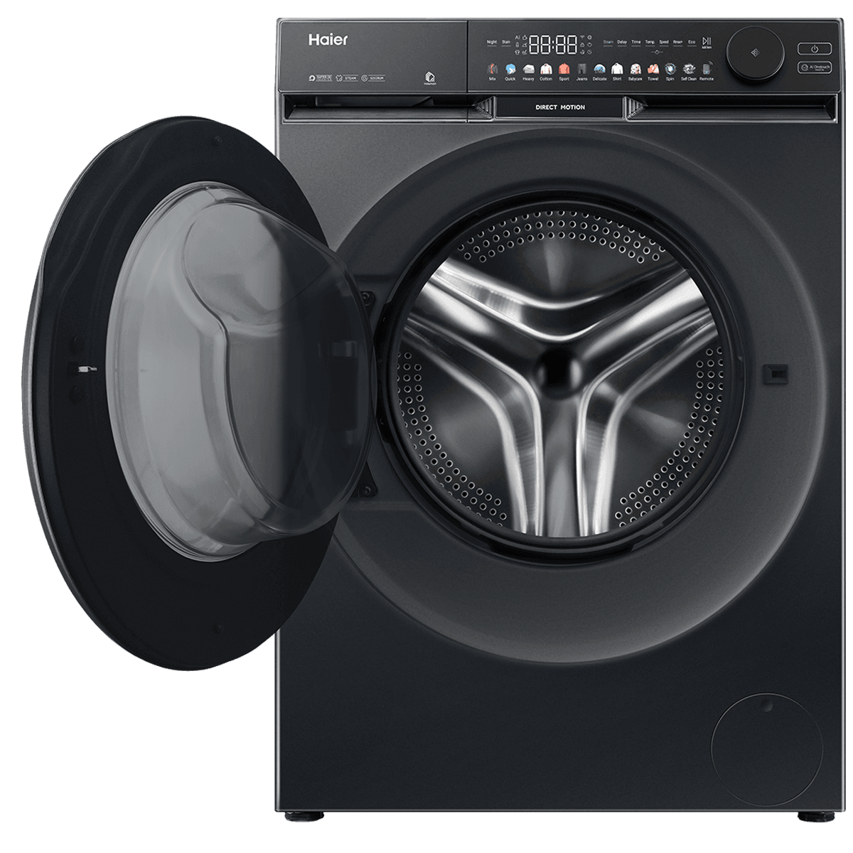 Dark Haier front load washing machine, front view with the door open and metal drum visible.