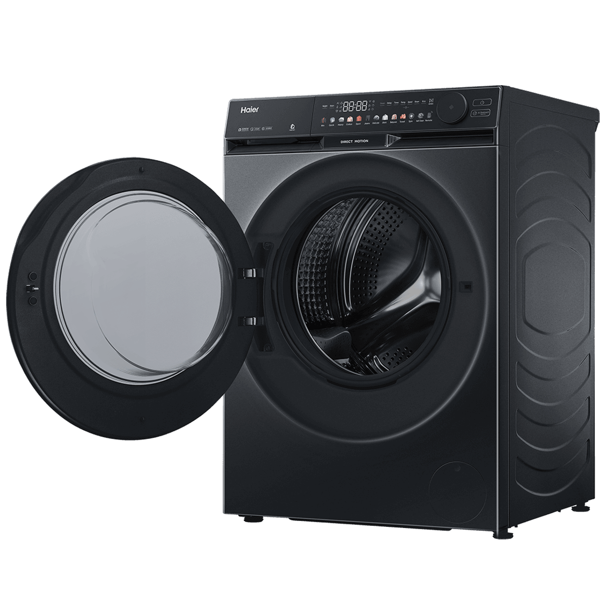 Dark Haier front load washing machine, angled view with the door open, drum and right side panel visible.