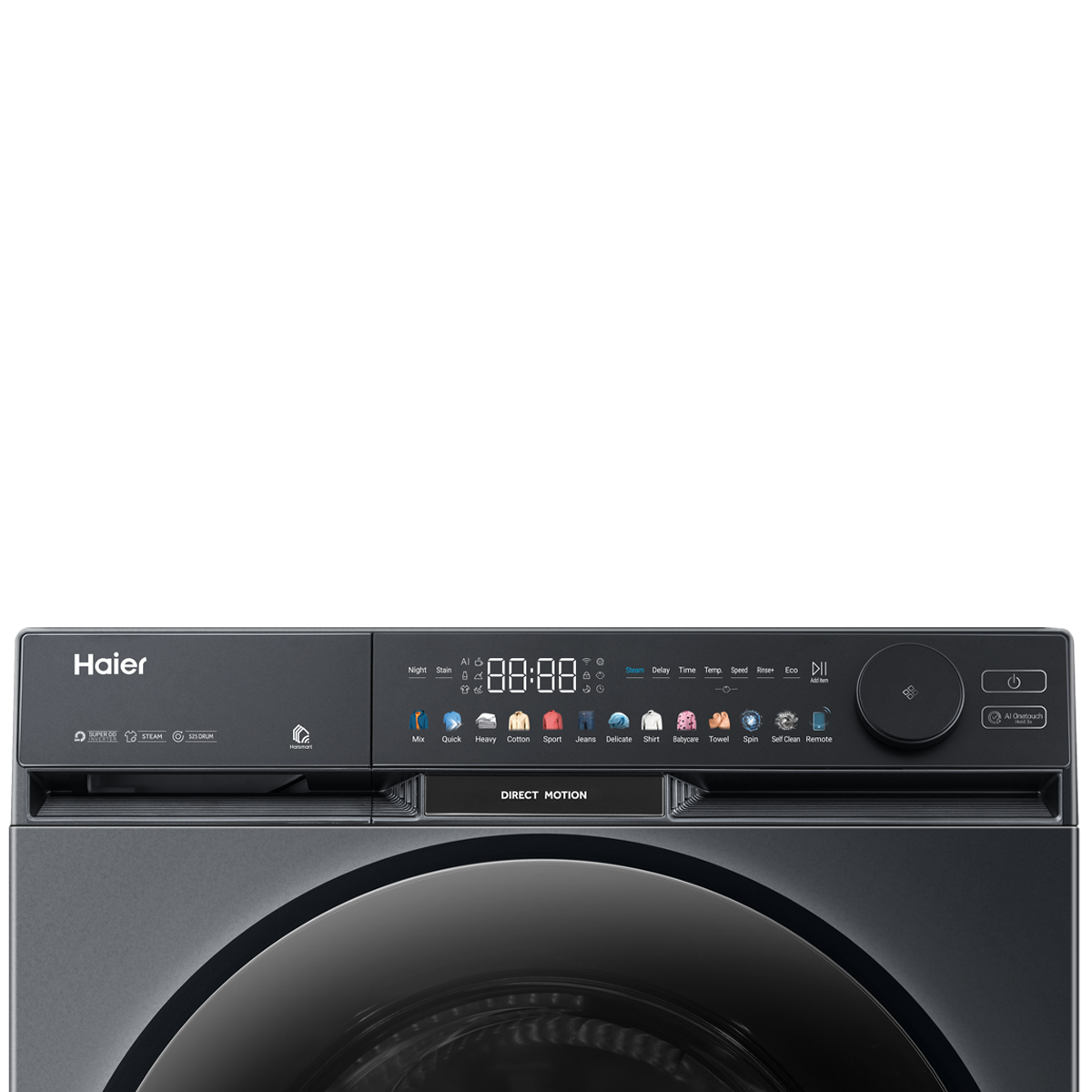 Close-up of the Haier washing machine digital display, programme dial and detergent drawer.